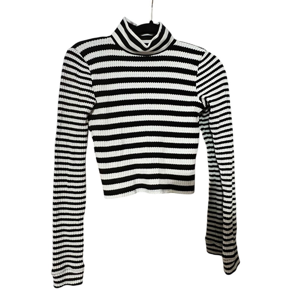 Aerie Striped Turtleneck Thermal Waffle Knit Cropped Shirt Black White Small